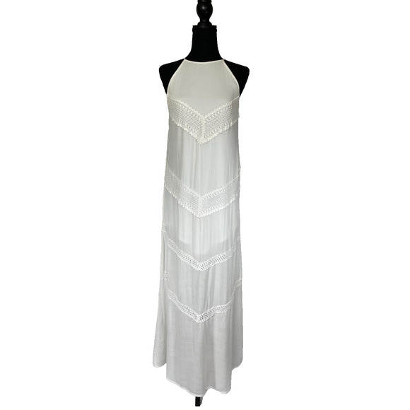 Band Of Gypsies White Gauze Crochet Maxi Dress Small Boho Western Sleeveless - Picture 1 of 12